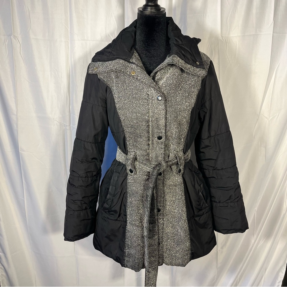 Sold.   New York & Company Black and Gray Tweed Puffer Coat With Hood